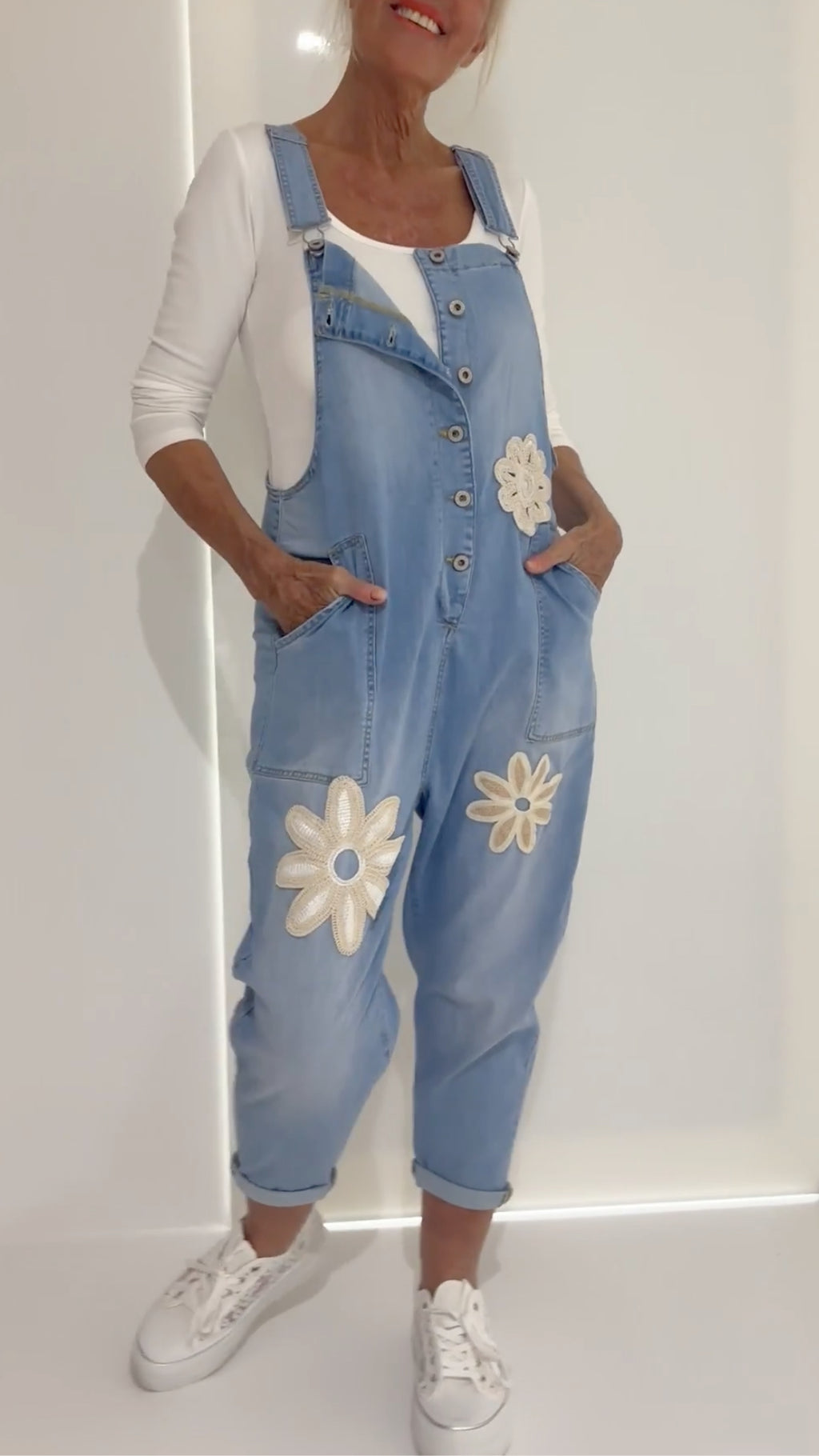 Floral Applique Denim Overall Jumpsuit