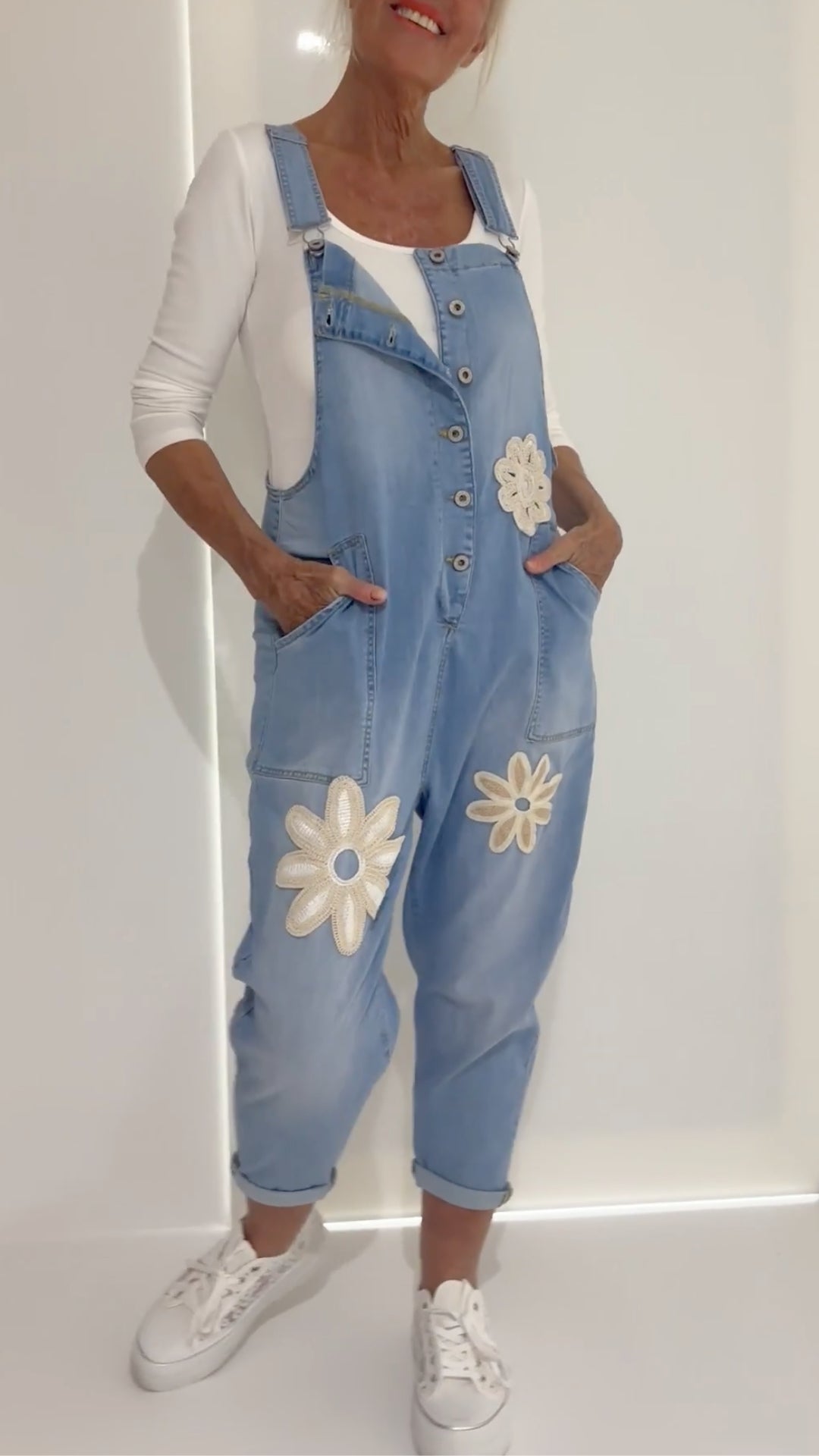 Floral Applique Denim Overall Jumpsuit