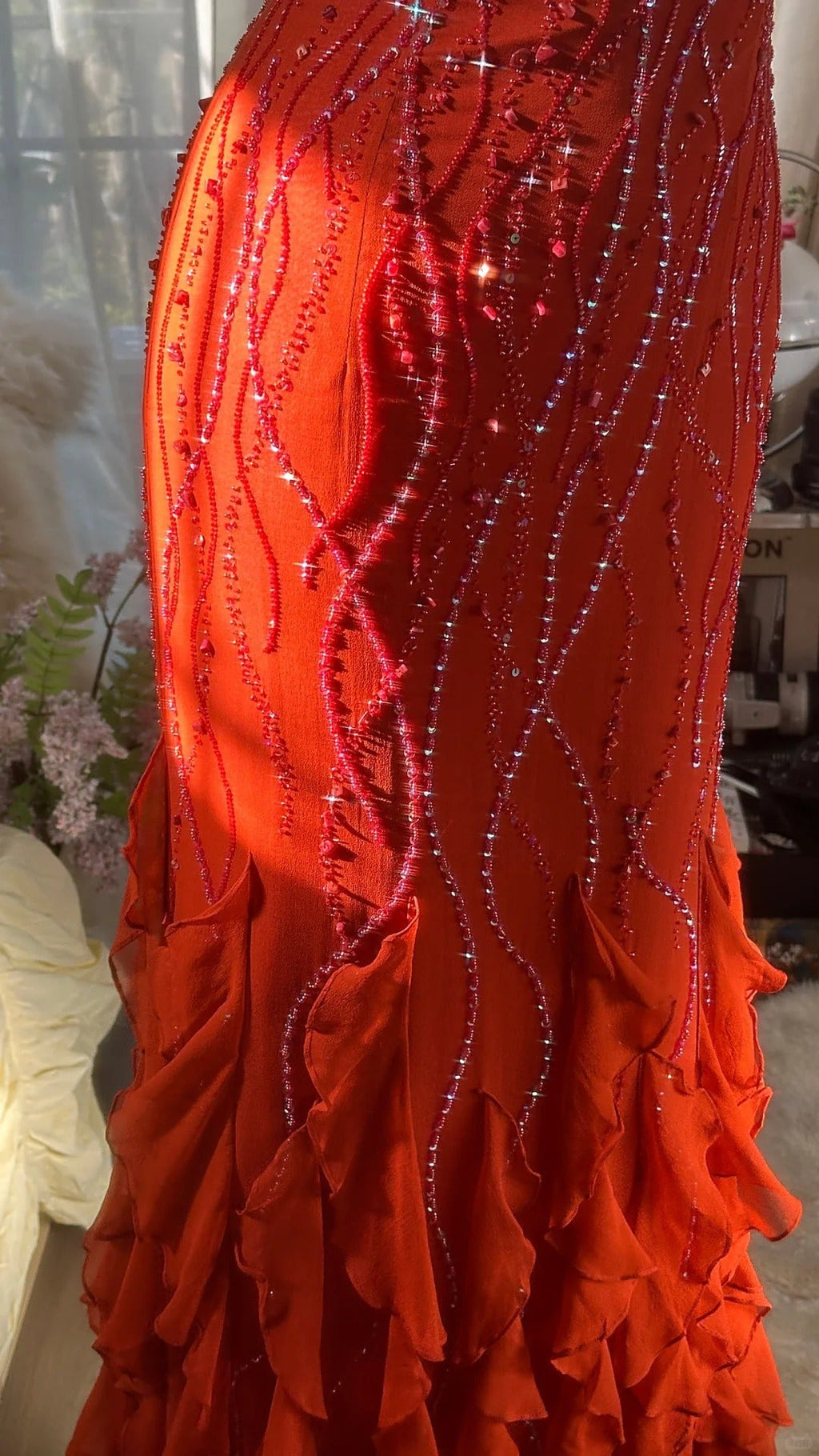 Orange Beautiful Charming Fashion Elegant Shiny Exquisite Beaded Long Chiffon Ball Gown Evening Gown Birthday Party Gown Prom Gown Graduation Gown 3947