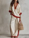 Minimalist Chic Textured Linen Red-Trim Oversized Off-White Palazzo Set