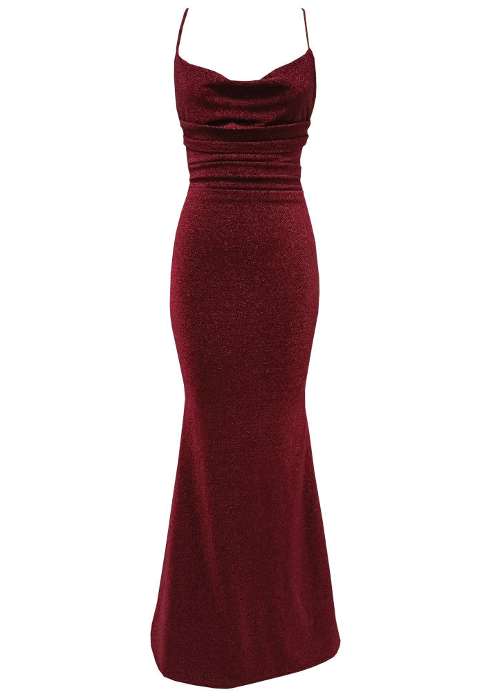 Draped Sparkly Maxi Dress Burgundy