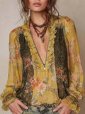 Women's Vintage-print V-neck Long-sleeve Casual Loose Chiffon Top