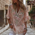 Women's Vintage Pink Flowers Embroidered Art V-neck Short Sleeve T-shirt