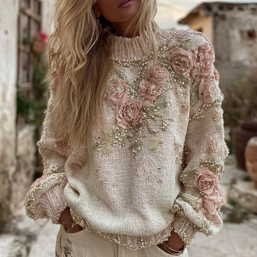 Women's Vintage Roses Art Knit Turtleneck Sweater