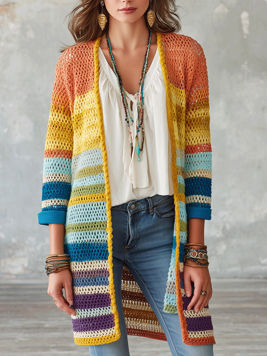 Bohemian Chic Crochet Open-Front Striped Rainbow Longline Cardigan