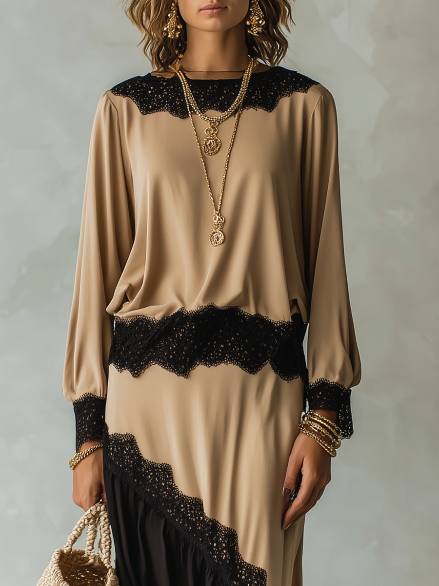 Elegant Beige Colorblock Lace Skirt Set