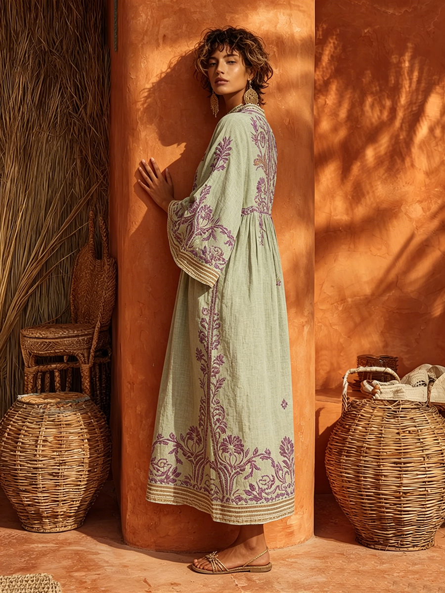 Bohemian Floral Print Cotton-linen Maxi Dress