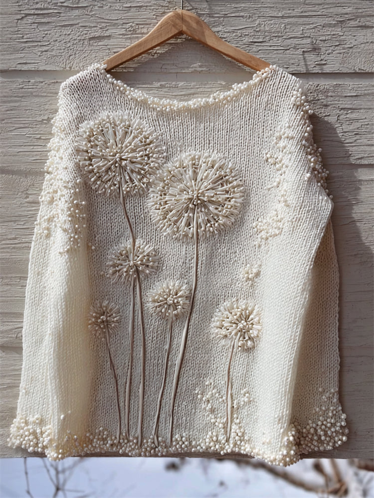 Vintage Dandelion Beaded Embroidered Cozy Knit Sweater