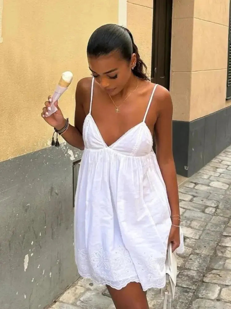 Amaris White Embroidered Cotton Mini Sundress – Strappy Summer Holiday Day Dress for Women
