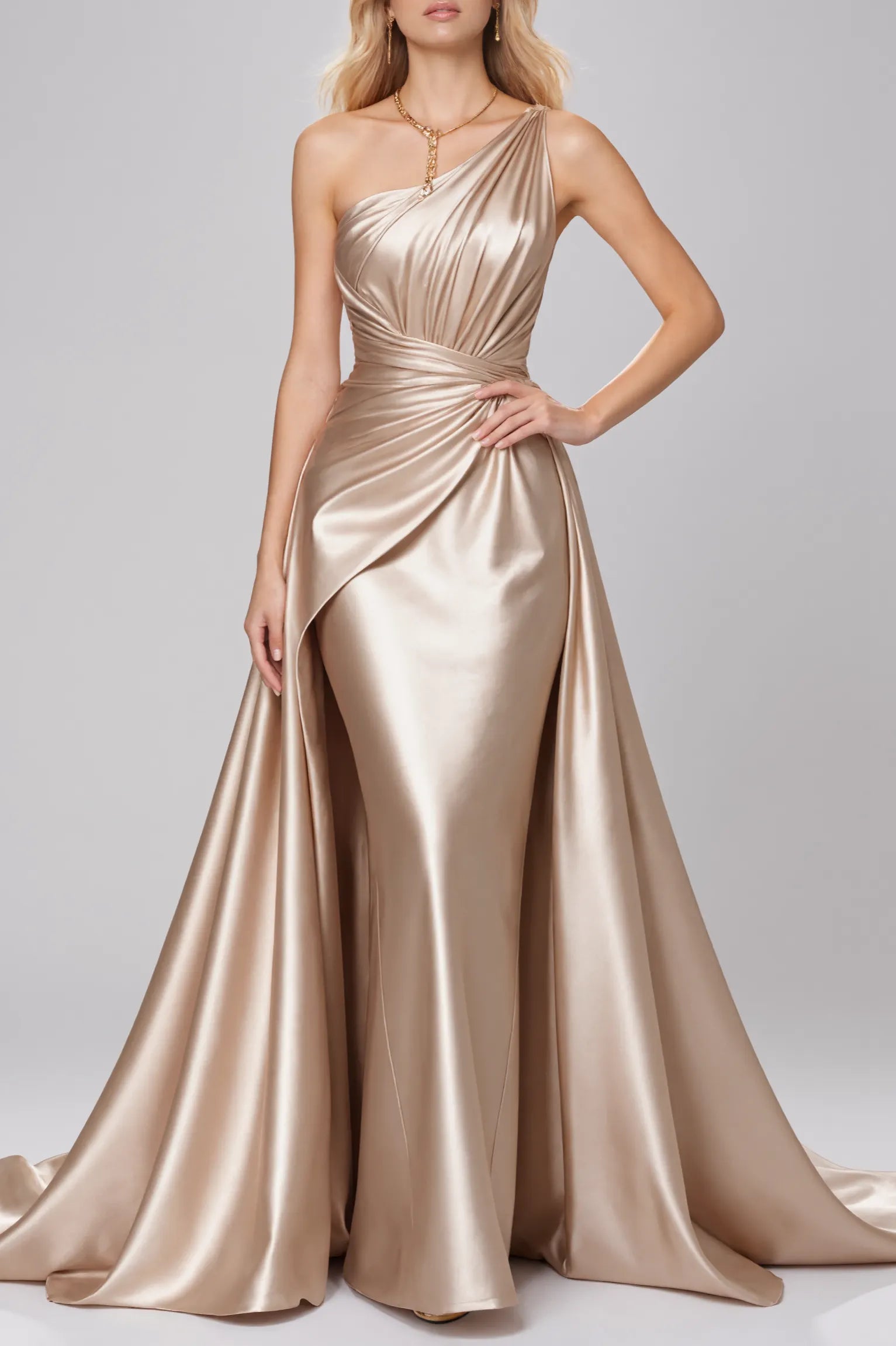 Formal Evening Gown Champagne One Shoulder Satin Maxi Dress