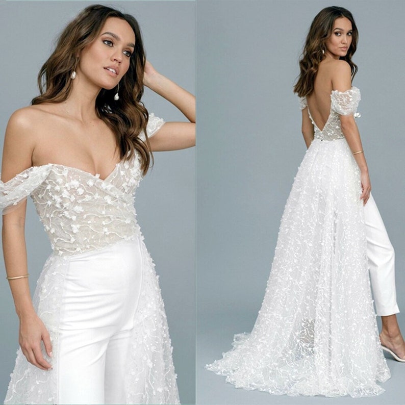 White Lace Jumsuit, Wedding reception dress, Custom Wedding dress, Rehearsal dinner dress, Jumpsuit with overskirt