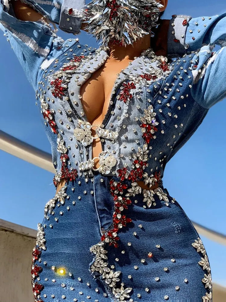 Stylish Deep V-Neck Rivet Hollow Beaded Denim Mermaid Maxi Dress