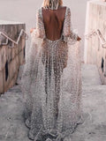 Shiny Sequinned See-Through Long Sleeves Maxi Dresses