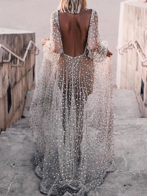 Shiny Sequinned See-Through Long Sleeves Maxi Dresses