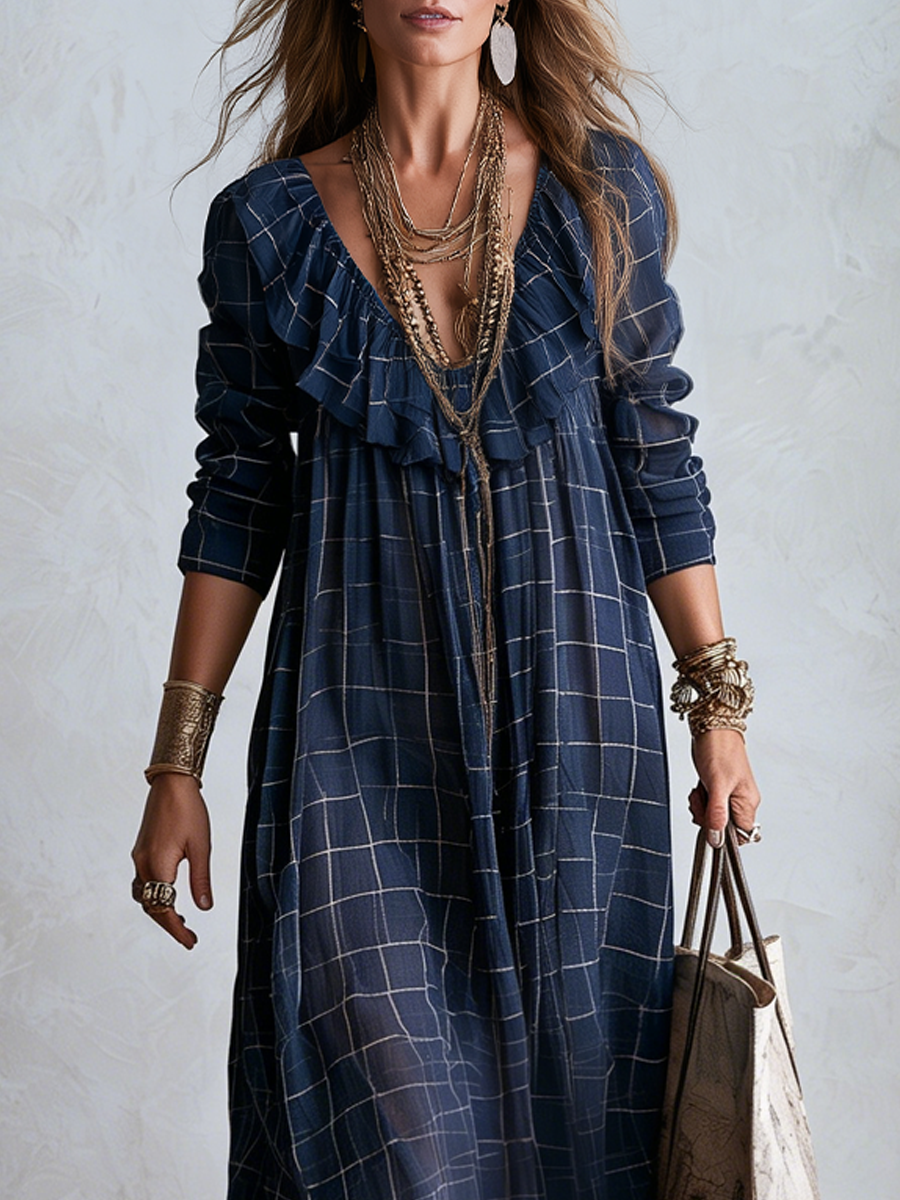 Bohemian Style Midnight Blue Plaid Ruffle Maxi Skirt