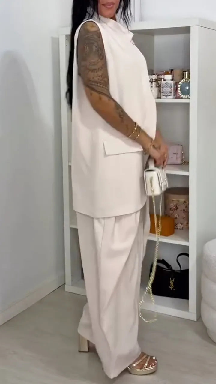 Asymmetrical Sleeveless Blazer Vest & Wide-Leg Pants Set