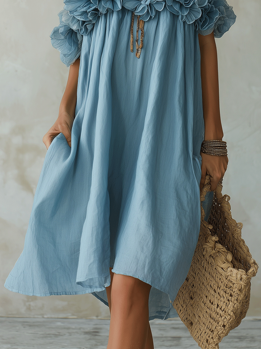 Romantic Coastal Linen Ruffle-Flower Halter Sky Blue Flowy Midi Dress