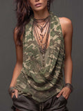 Women's Cowl-neck Sleeveless Camouflage-print Mesh Top — Casual & Loose Fit