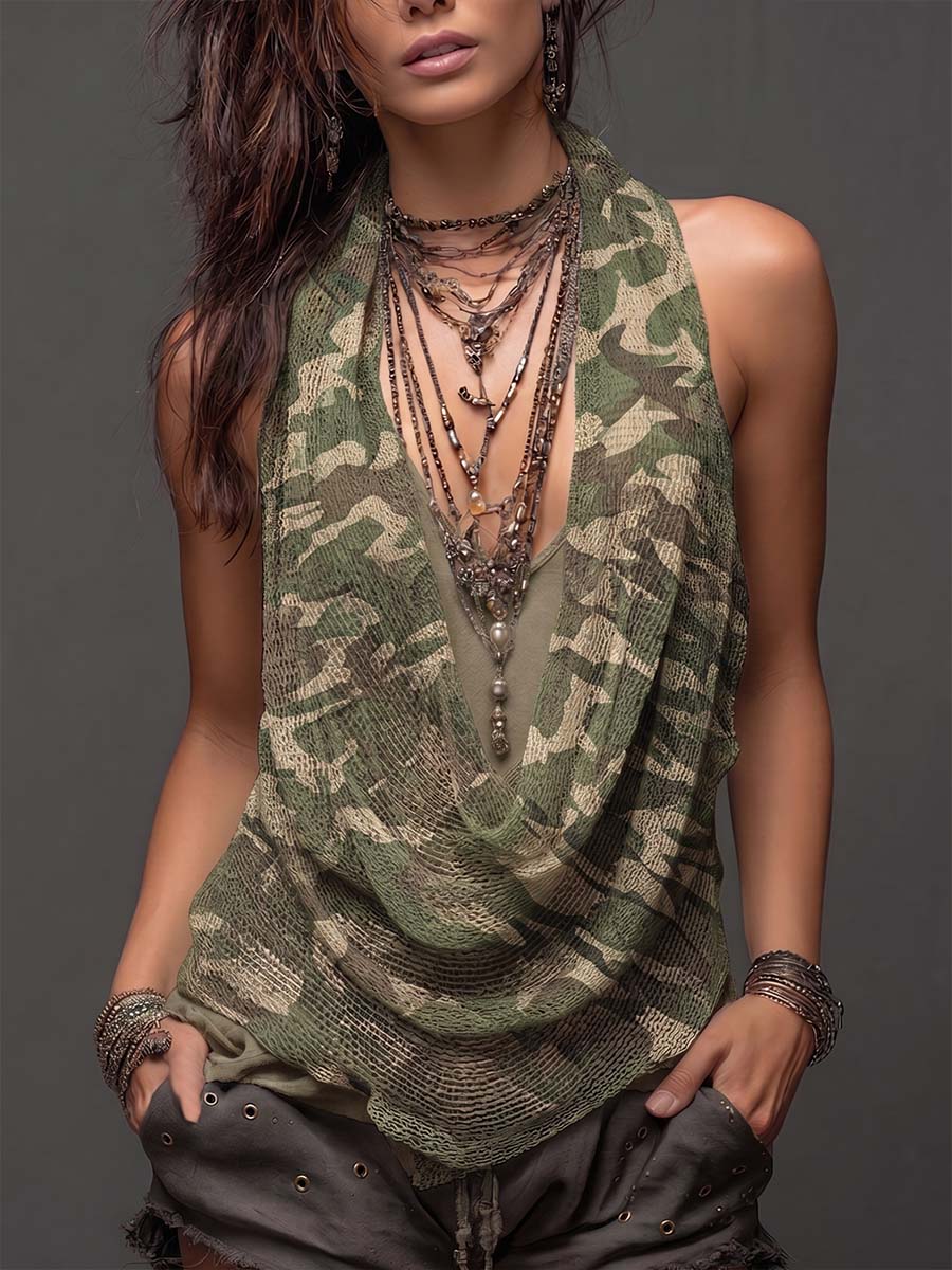 Women's Cowl-neck Sleeveless Camouflage-print Mesh Top — Casual & Loose Fit