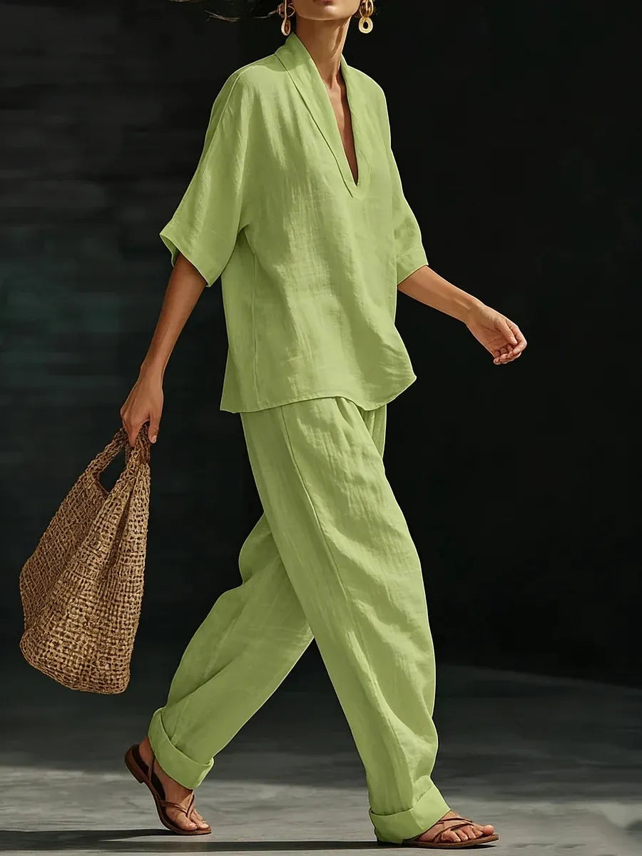 Gurtons Coastal Chic 2-Piece Set - V-Neck Linen-Textured Tunic & Wide-Leg Pants Lounge Set