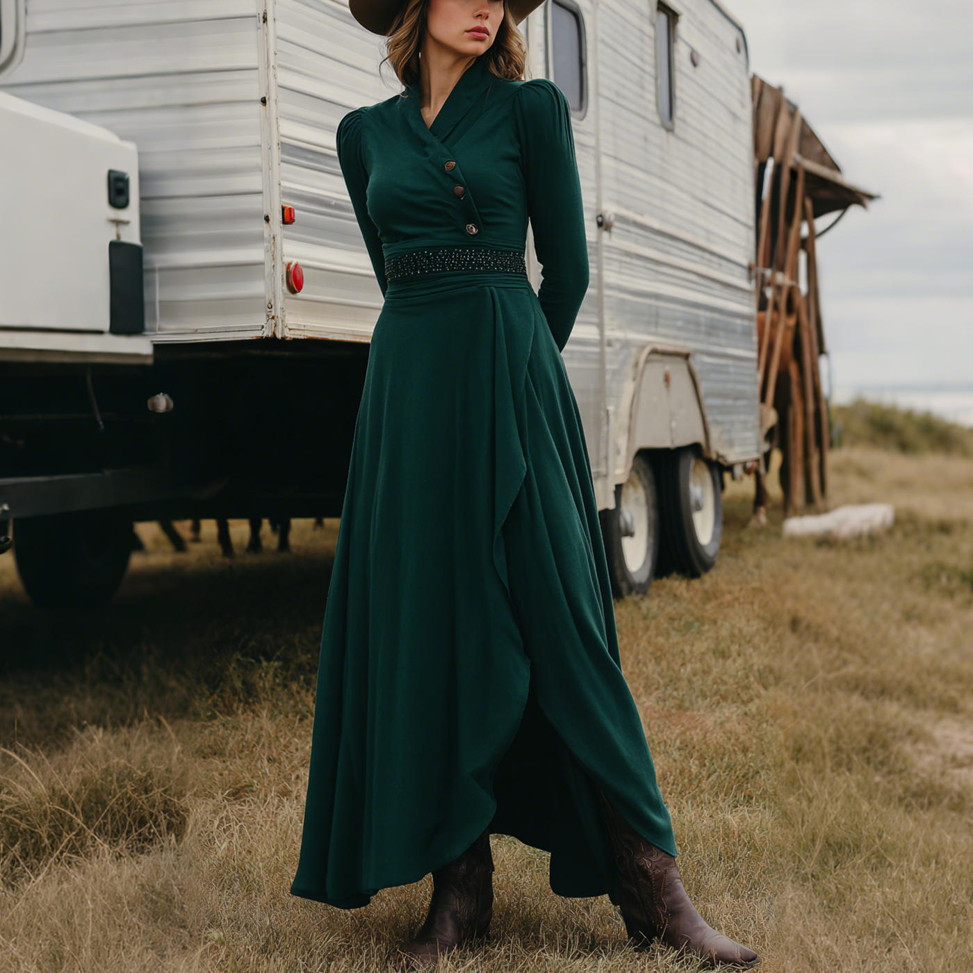 Women's Retro Western Style V-Neck Lapel Long Sleeve Maxi Dress