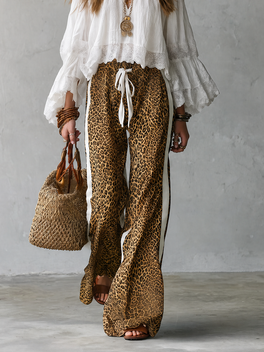 Resort Bohemian Ruffle Top & Animal Print Palazzo Pants Outfit Set