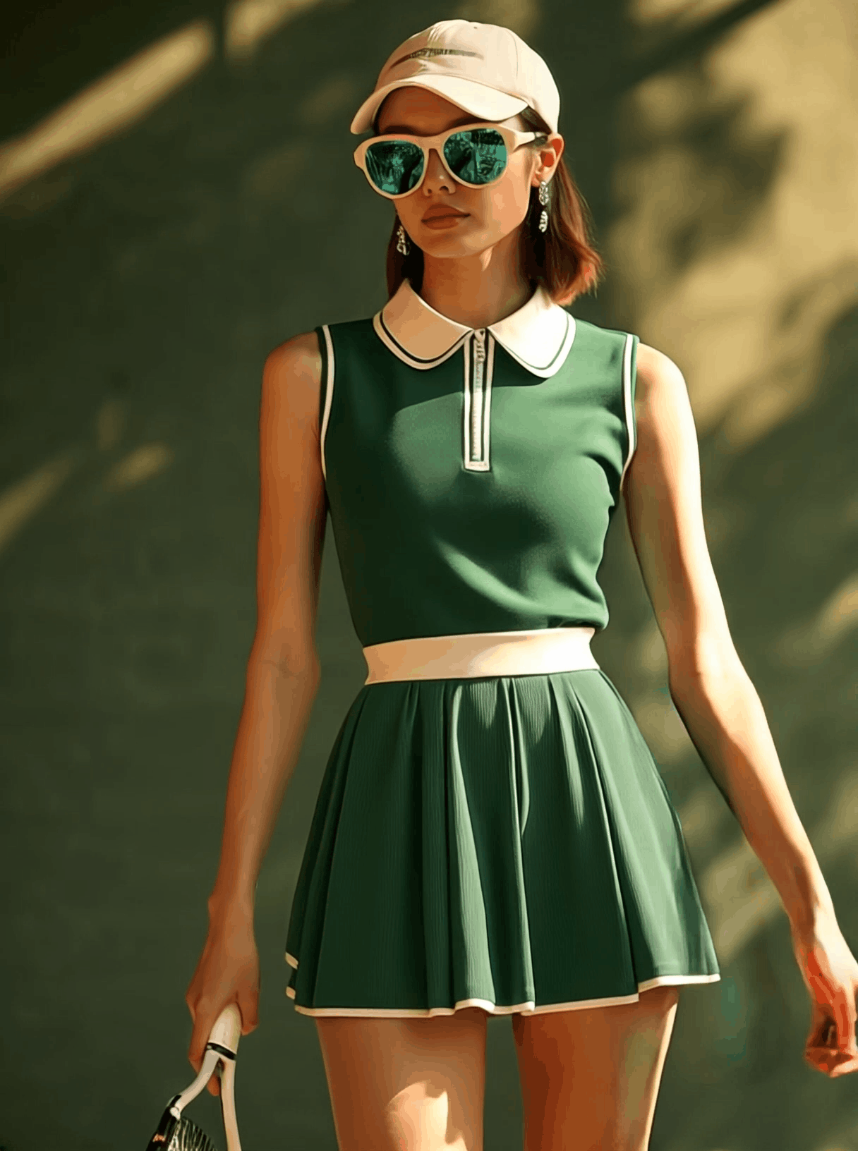 [24-hour shipping out]Casual Fashion Polo Neck White Trim Green Sleeveless Mini Dress