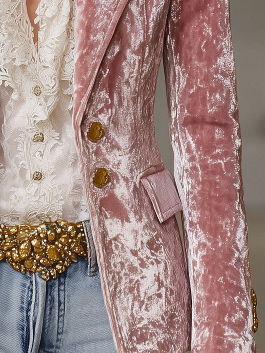 Fashion Retro Pink Velvet Gold Button Blazer
