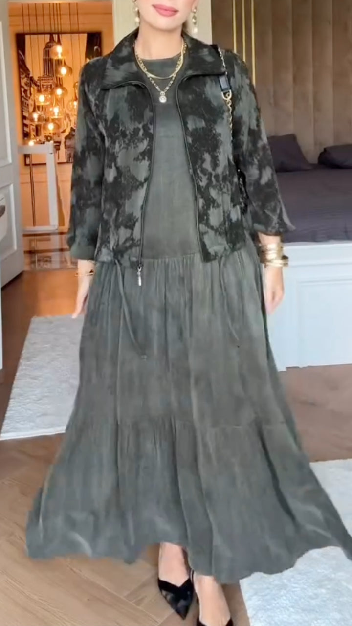 Women's Printed Zip-Up Cardigan & Dress Casual Set