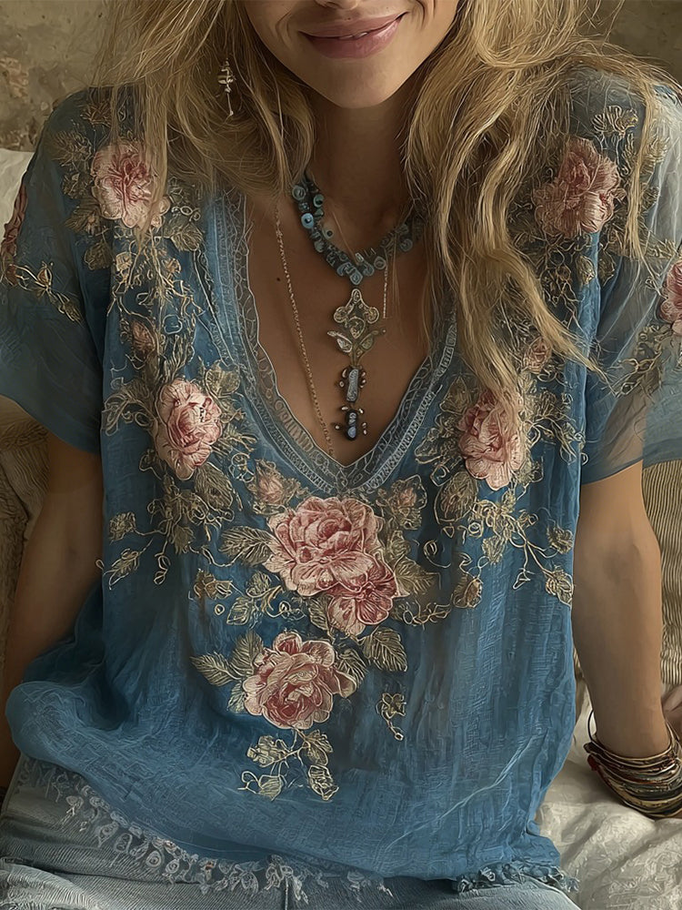 Women's Rose Floral Embroidered Casual V-neck T-shirt