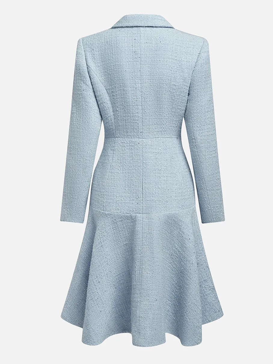 Light Blue Lapel Collar Pocket A-Line Midi Tweed Blazer Dress