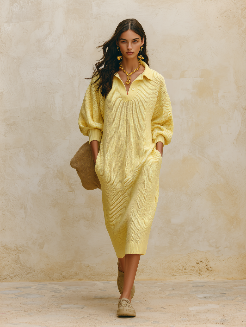 Women's Oversized Ribbed Knit Polo Collar Sweater Dress Long Sleeve Midi Dress