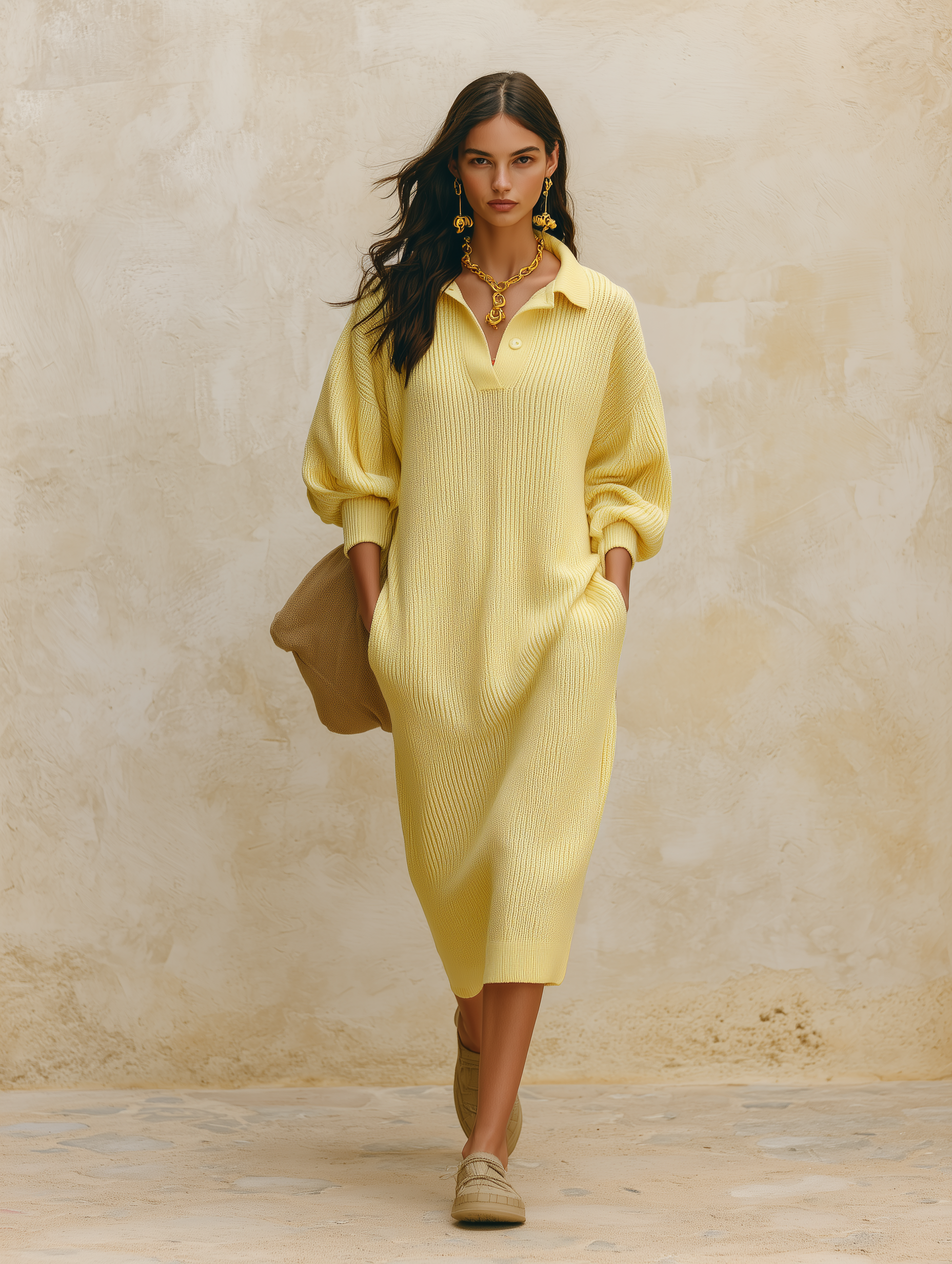 Women's Oversized Ribbed Knit Polo Collar Sweater Dress Long Sleeve Midi Dress