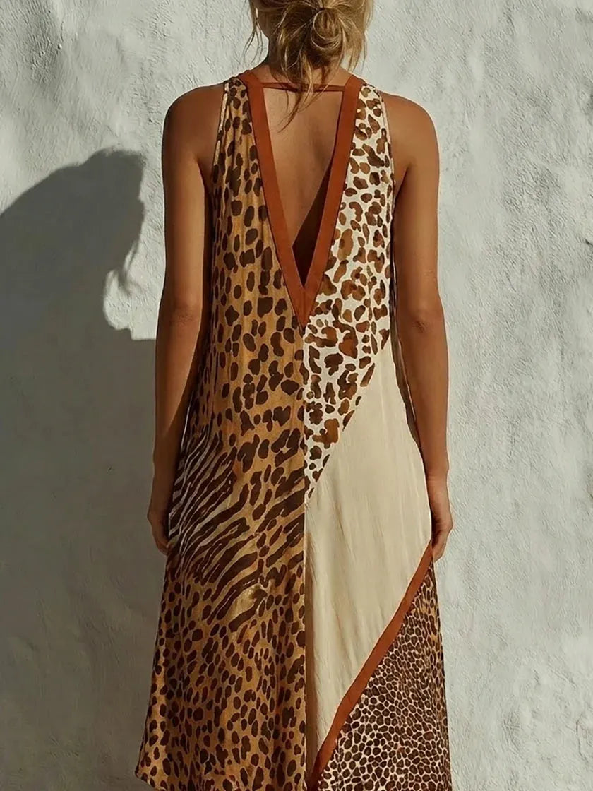 Stylish Spliced leopard-print Chiffon Maxi Dress