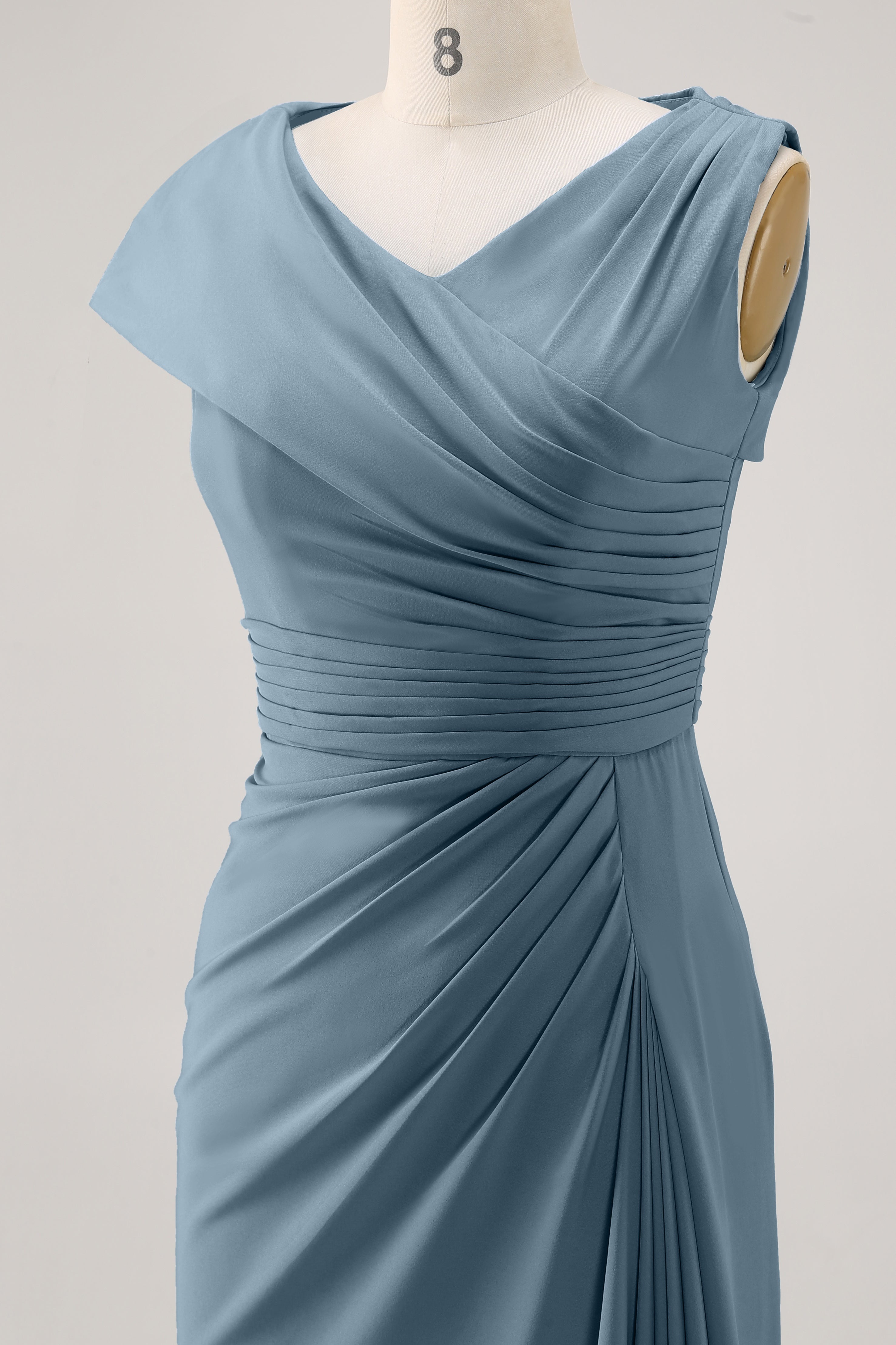 Wedding Guest Party Dress Blue Ruched V Neck Maxi Dress