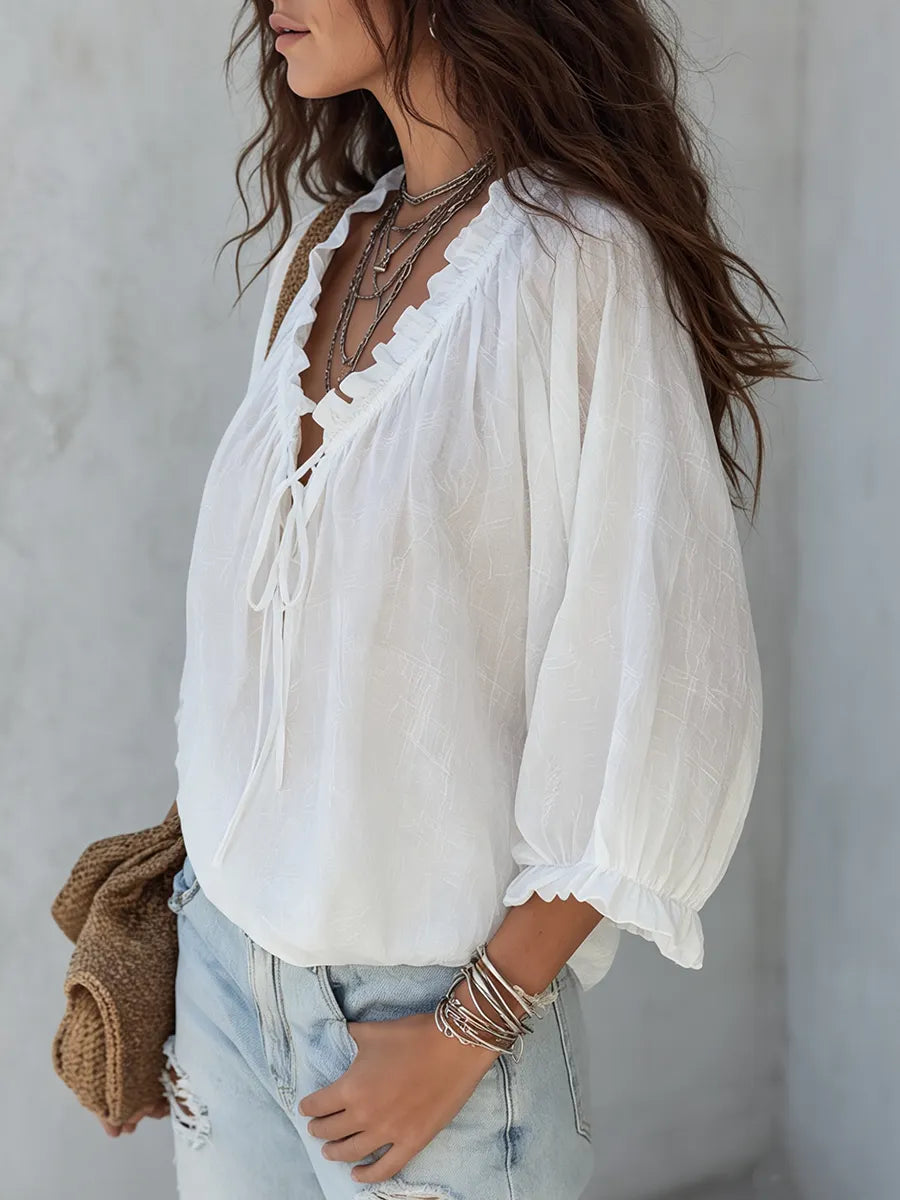 Airy White Lace-Up Boho Blouse