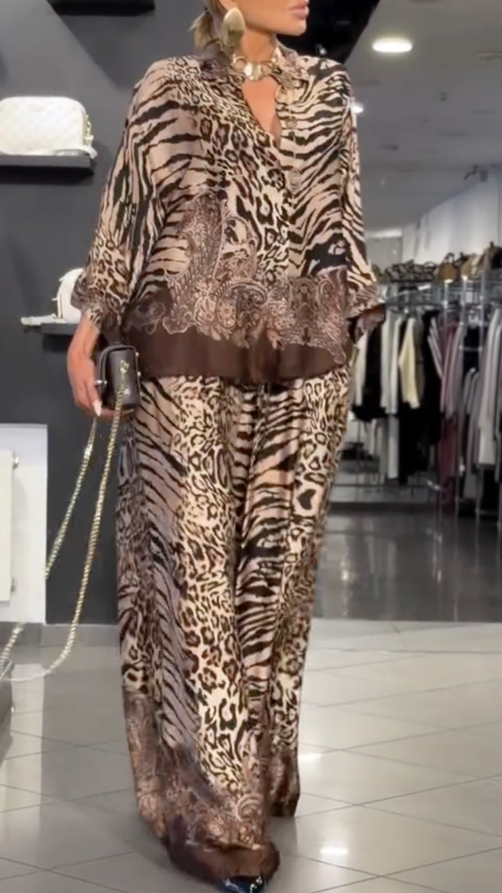 Zebra Leopard Print  Satin Shirt + Wide Leg Pants 2 Piece Set