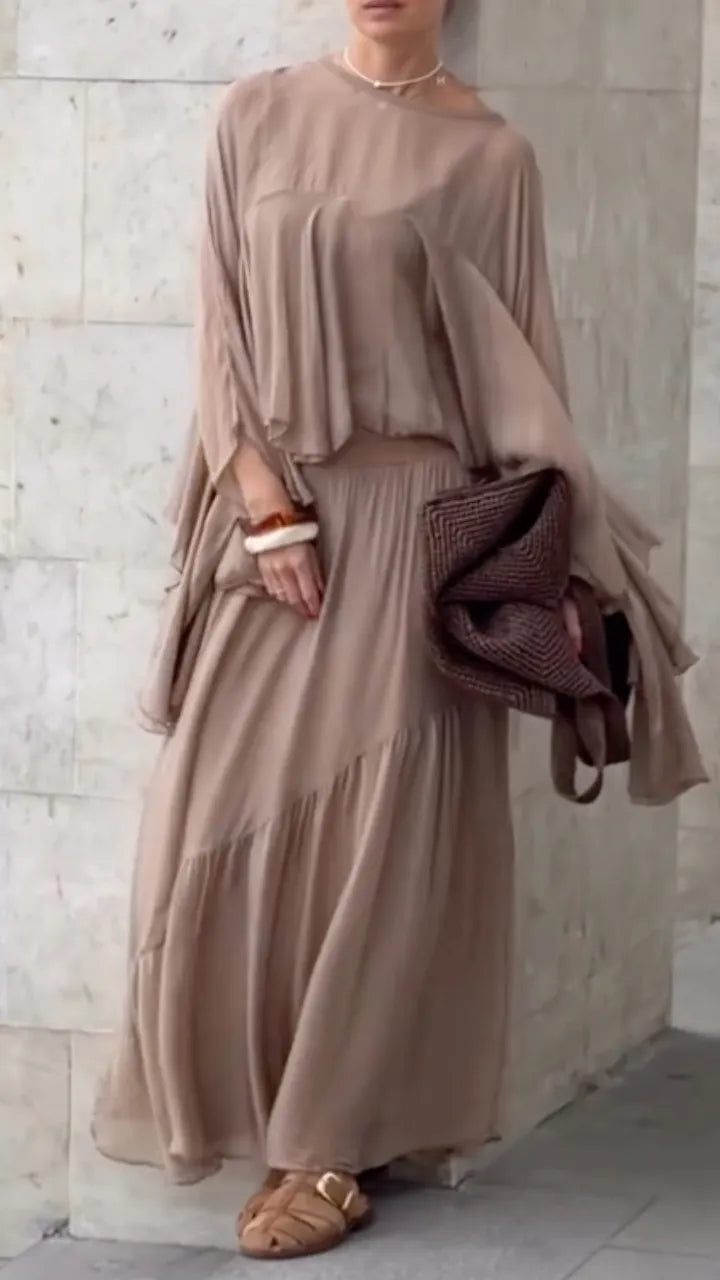 Sheer Ruffle Top & Pleated Maxi Skirt Co‑Ord Set