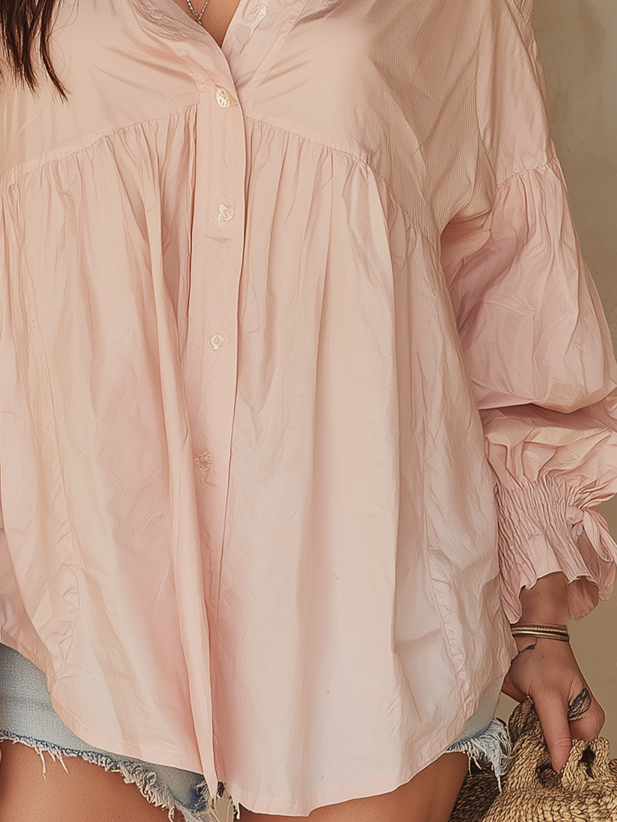 Relaxed Blush Gathered Button-Up Blouse