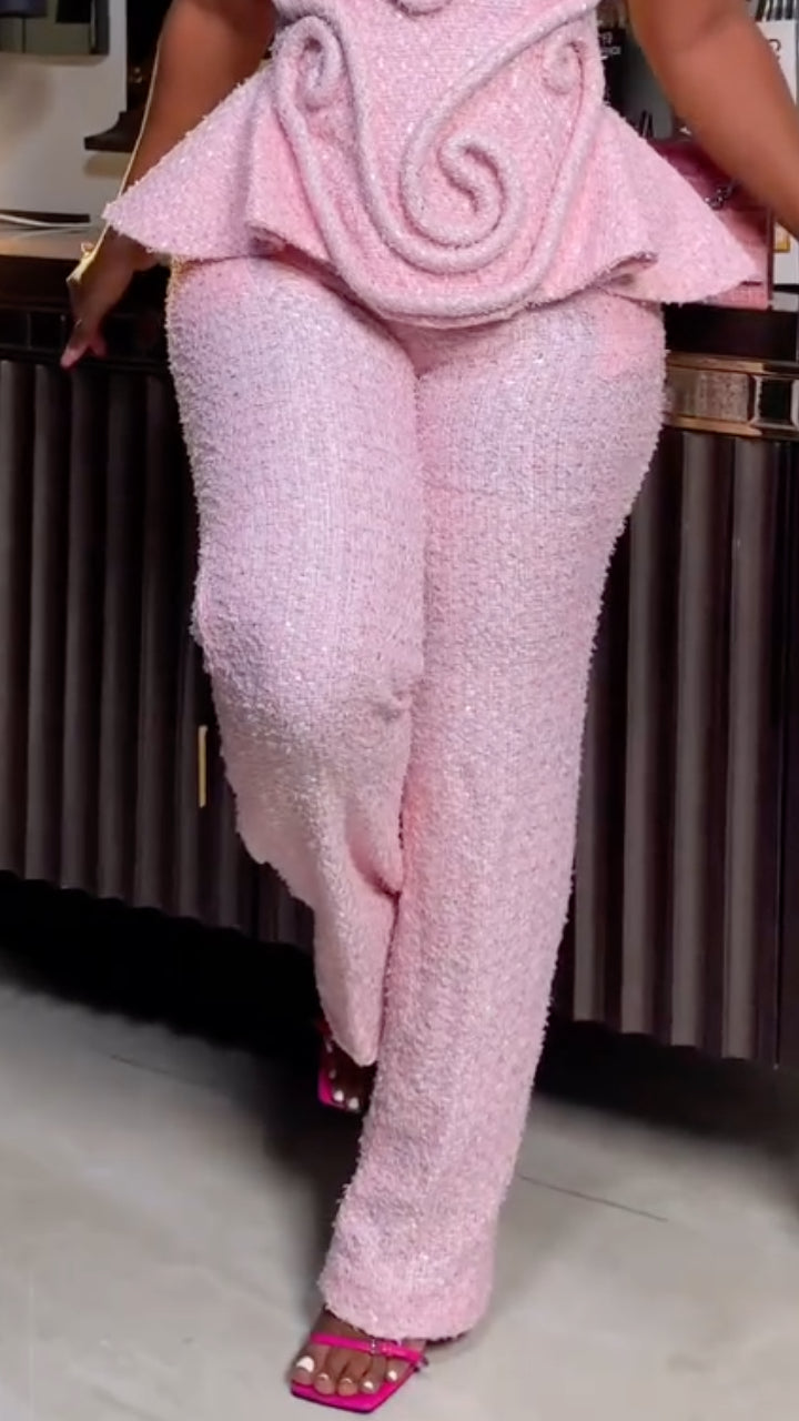 Halter Neck 3D Embroidery Peplum Top + Wide Leg Pants