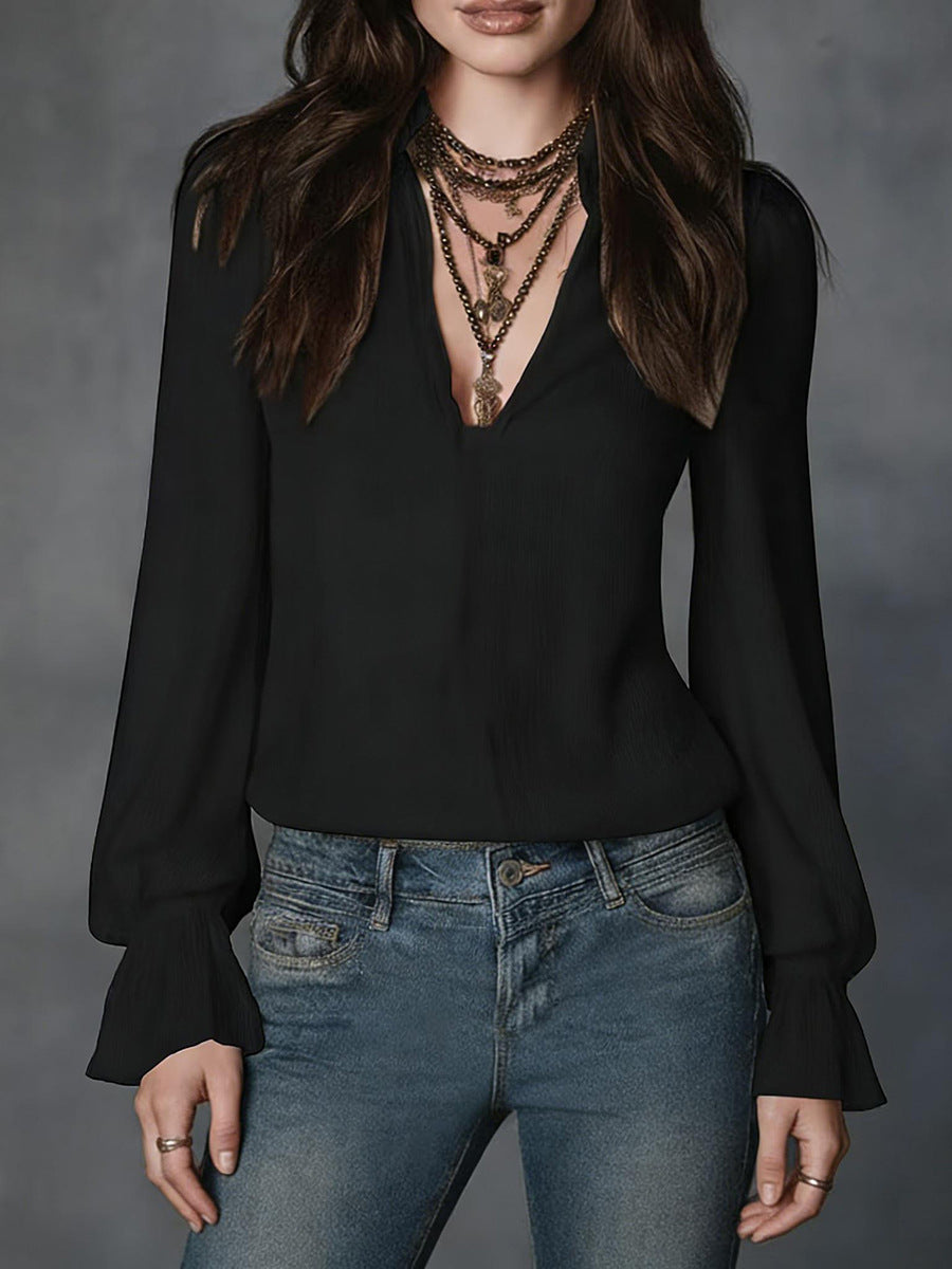 Elegant V-Neck Puff Sleeve Blouse - High-End Crinkled Texture Work Shirt for Professional Women