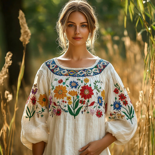 Bohemian Floral Embroidered Folk Women's Linen Shirt
