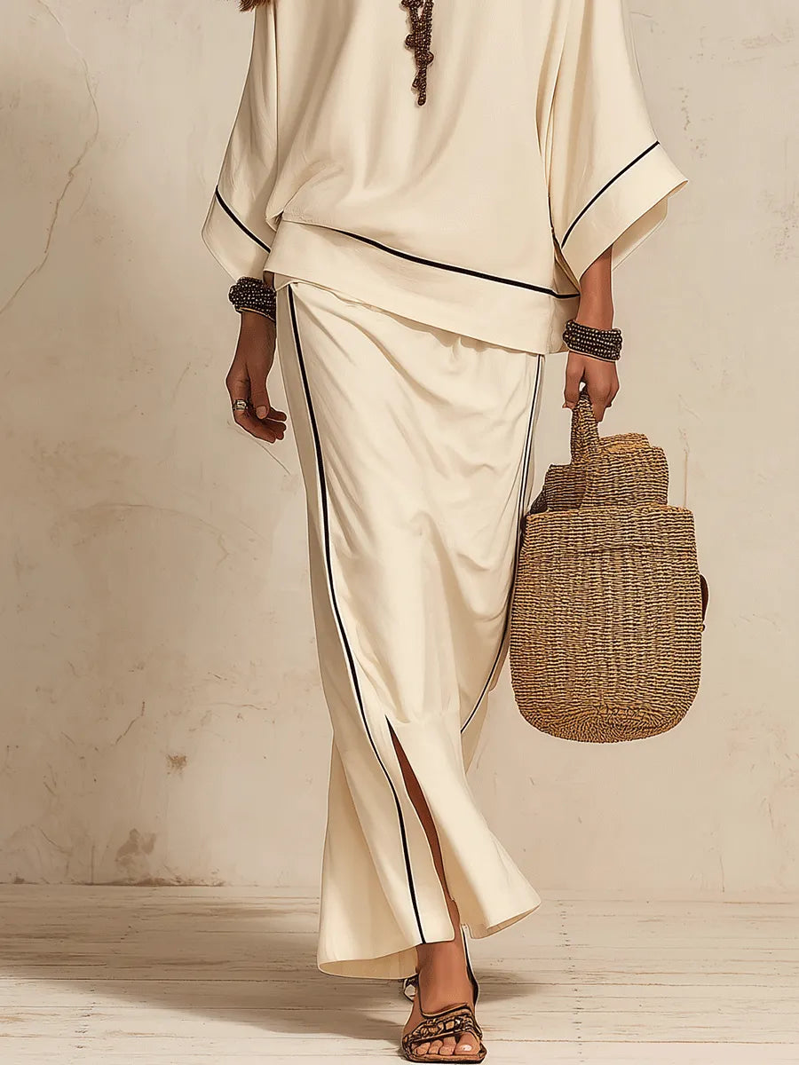 Minimalist Boho Linen Loose Side-Slit Beige Maxi Skirt Set
