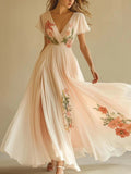 Women's Elegant Pleated Round-Neck Maxi Dress - Minimalist Tiered Ruffle Hem Flowy Sundress - Ethereal Loose Fit Party Dress
