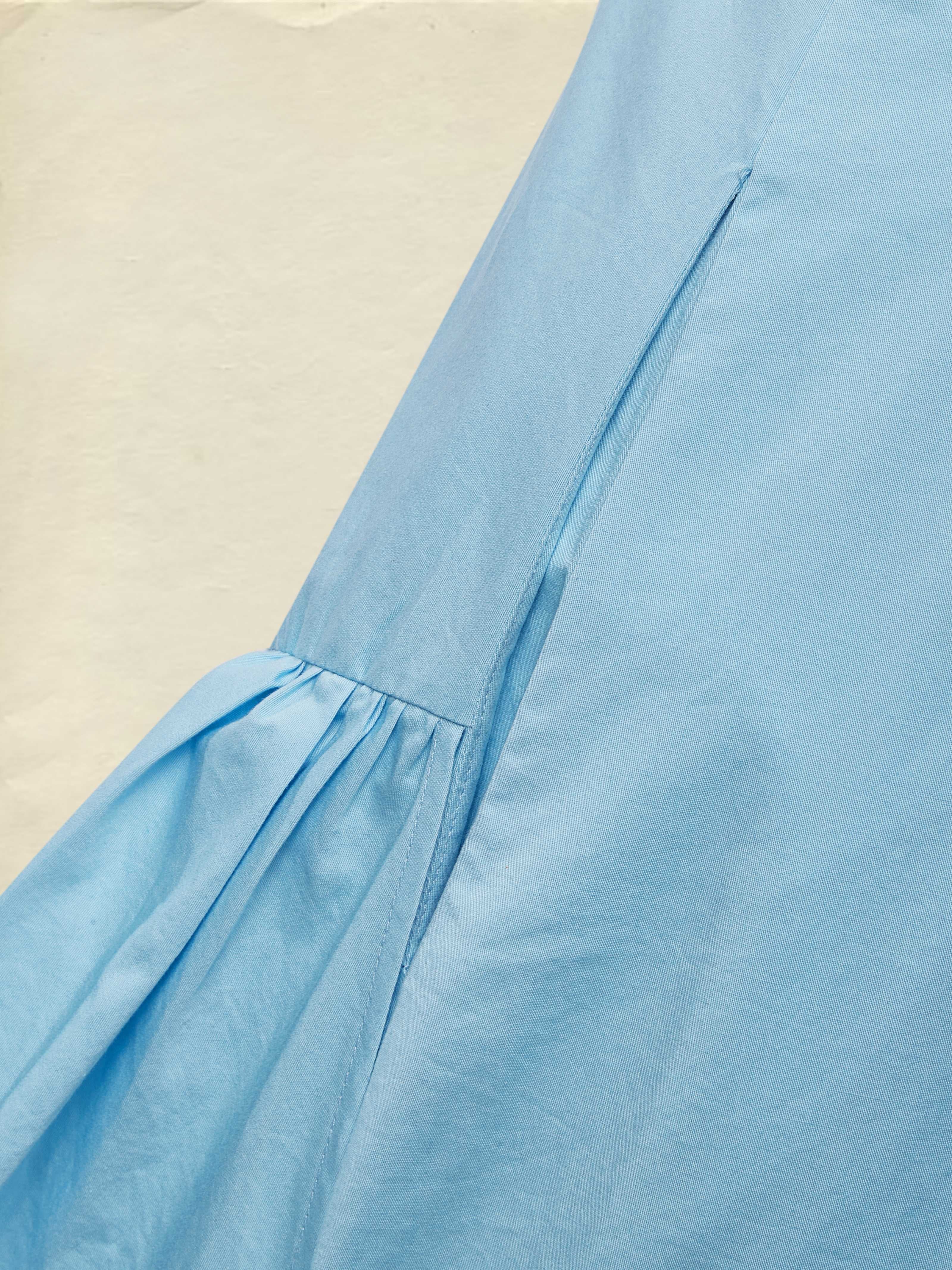 Maxi Cotton Dress , Sleeveless, Round Neck, Plain, Ruffles, French Vintage, Blue