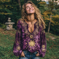Mysterious Sun And Moon God Art Tie-dyed V-neck Linen Top