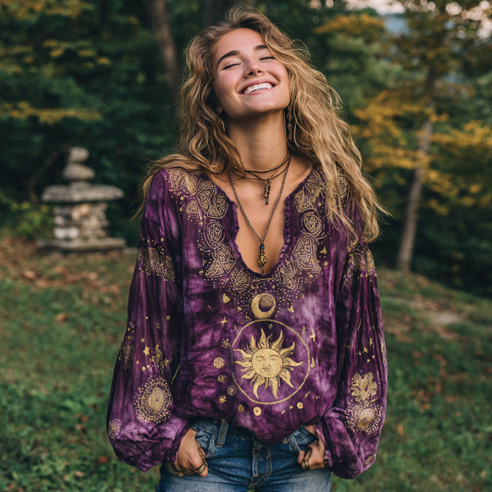 Mysterious Sun And Moon God Art Tie-dyed V-neck Linen Top