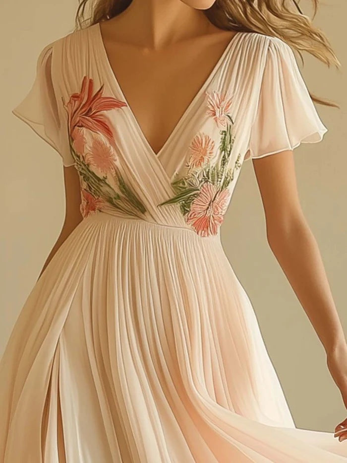 Women's Elegant Pleated Round-Neck Maxi Dress - Minimalist Tiered Ruffle Hem Flowy Sundress - Ethereal Loose Fit Party Dress