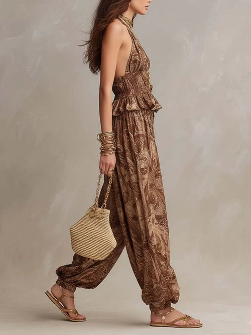 Bohemian Baroque Print Halter Top & Harem Pants Two-Piece Set