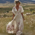 Women's Retro Bohemian Style Floral And Butterfly Comfortable V-neck Dress